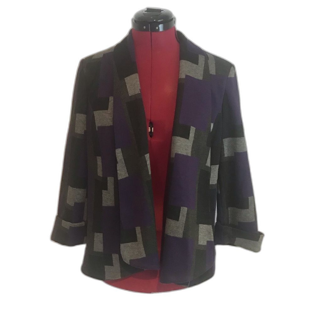 Kasper Blazer Size 8 Purple/Gray Geometric Pattern Open Front 3/4 Cuffed Sleeve